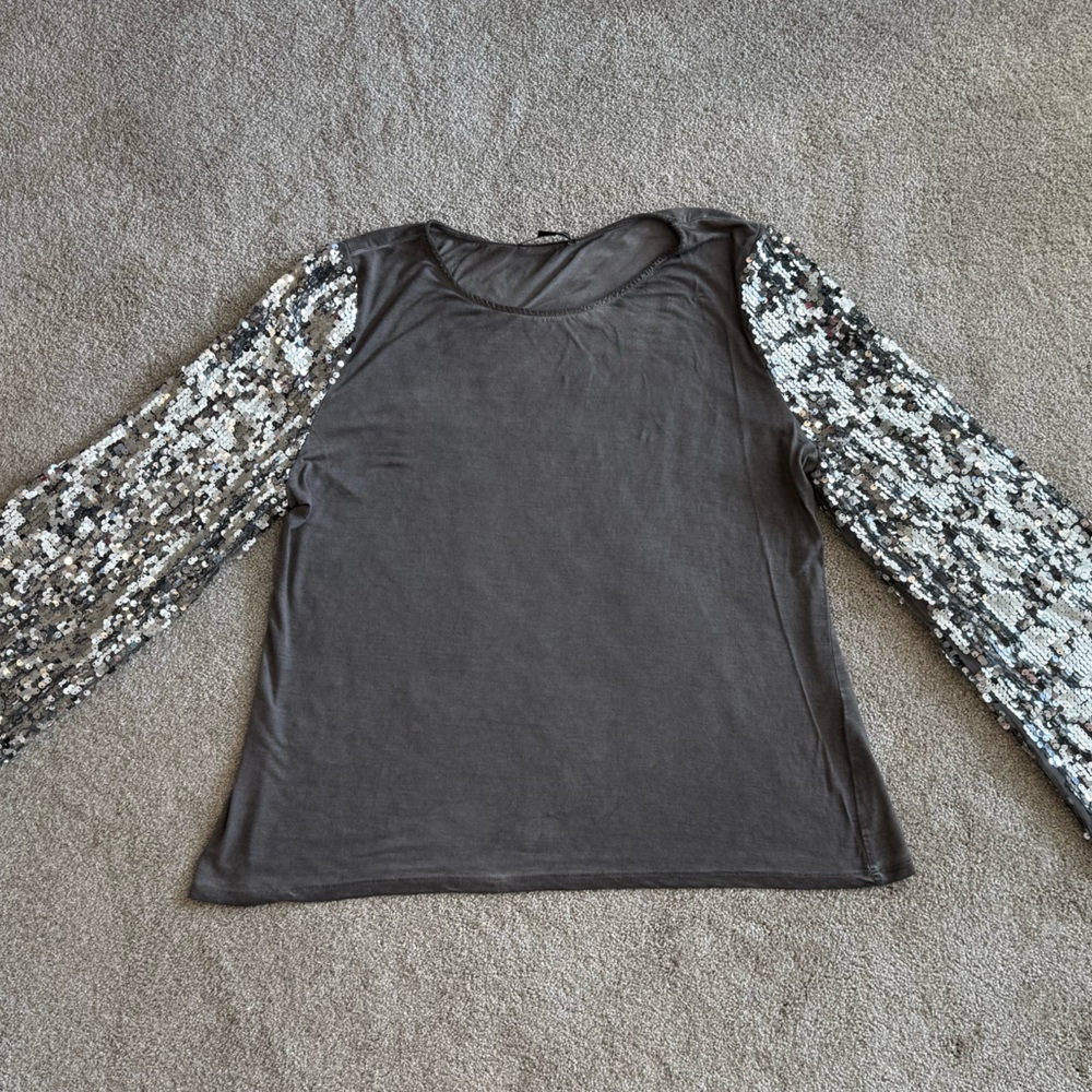INC International Concepts Gray Top Sequin Bell Sleeve Shirt XL Metallic Party